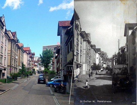 Metallstrasse in Saint Gallen, a street and a tram, in 1920 and 2017