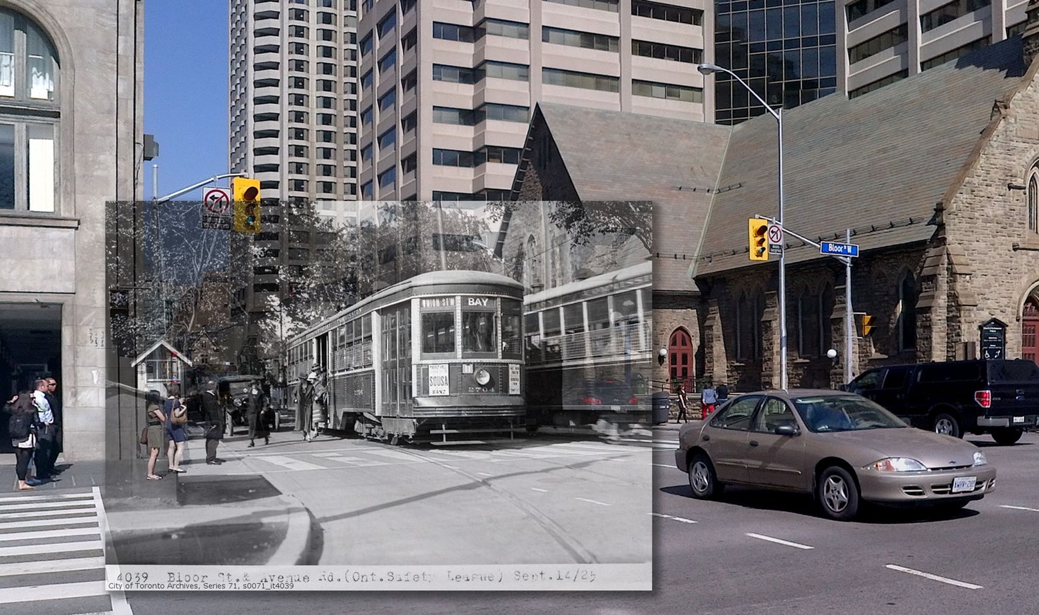 Corner of Bloor Street and Avenue Road in Toronto: an archival photograph from 1925 joined with a contemporary one