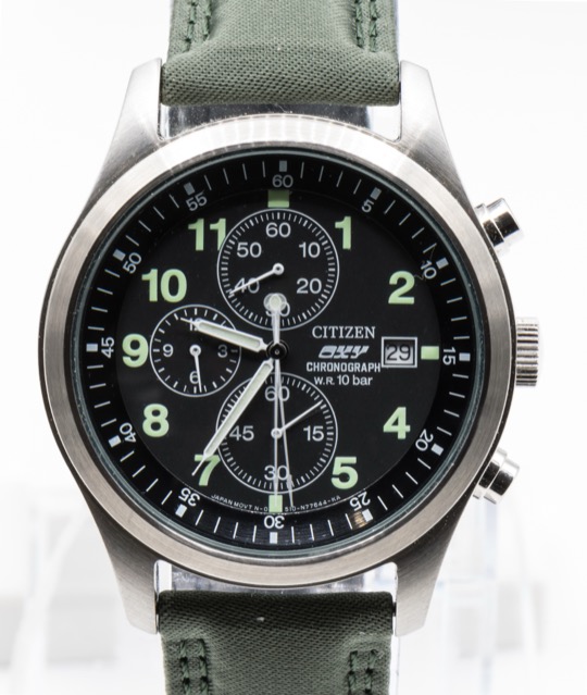 Black Citizen CTZ-9104, a quartz chronograph on a green textile strap