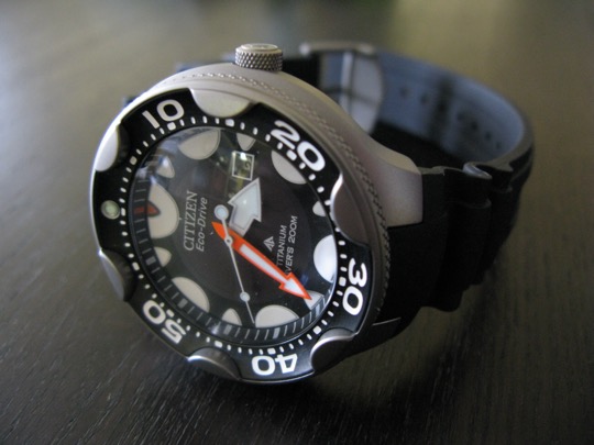 Titanium Citizen Orca, an Eco-Drive diver's watch on a black strap