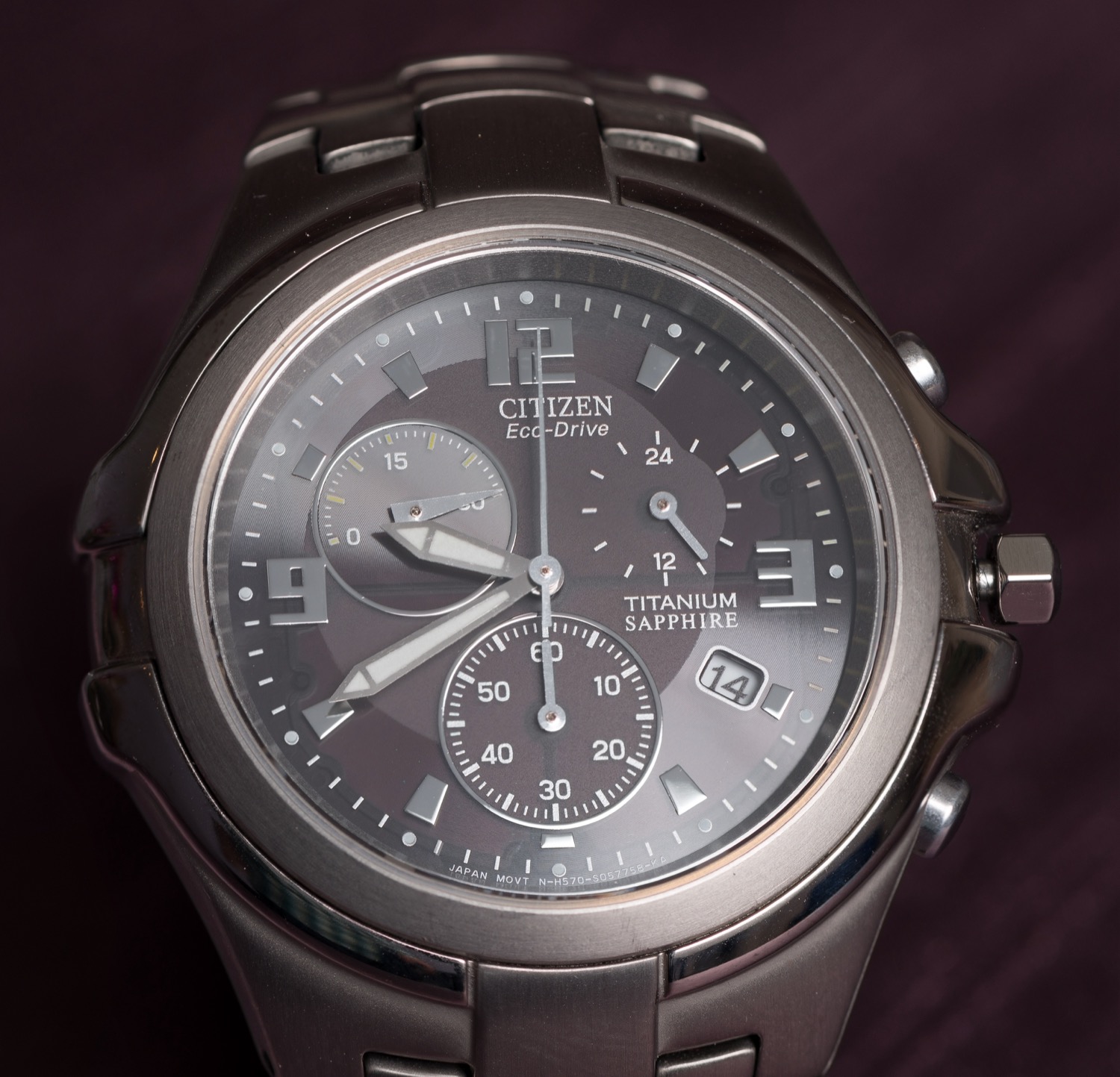 Dial of the Citizen Eco-Drive Titanium Sapphire chronograph